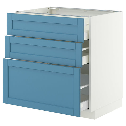 METOD / MAXIMERA base cabinet with 3 drawers, white/Lerhyttan blue, 80x60 cm