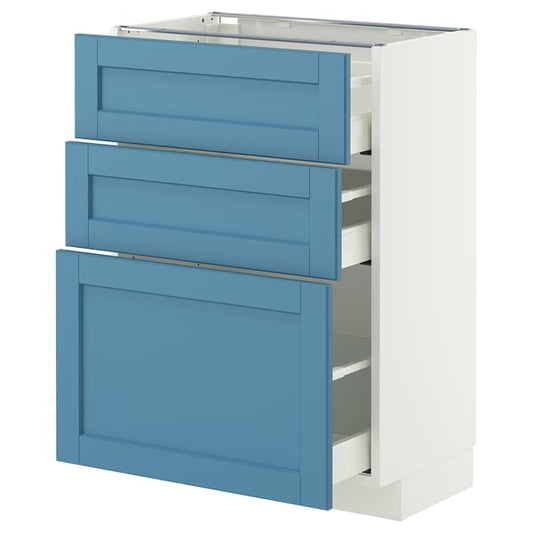 METOD / MAXIMERA base cabinet with 3 drawers, white/Lerhyttan blue, 60x37 cm