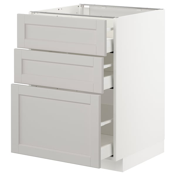 METOD / MAXIMERA - METOD / MAXIMERA Base cabinet with 3 drawers, white/Lerhyttan light grey, 60x60 cm
