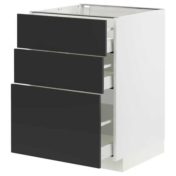 METOD / MAXIMERA - METOD / MAXIMERA Base cabinet with 3 drawers, white/Nickebo matt anthracite, 60x60 cm