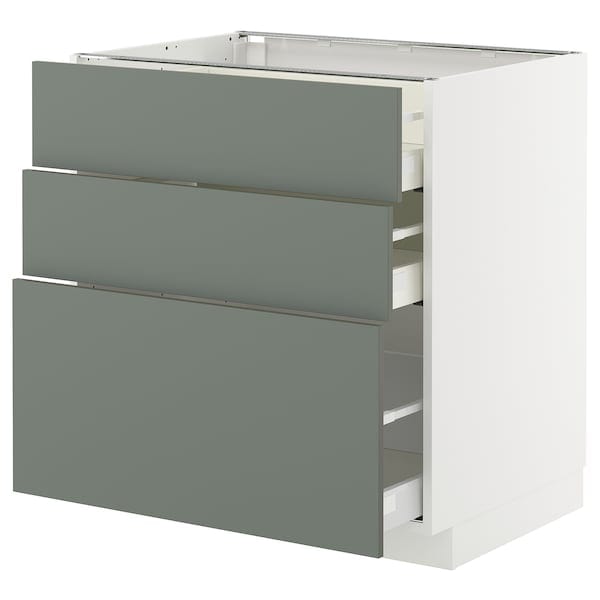 METOD / MAXIMERA - METOD / MAXIMERA Base cabinet with 3 drawers, white/Nickebo matt grey-green, 80x60 cm
