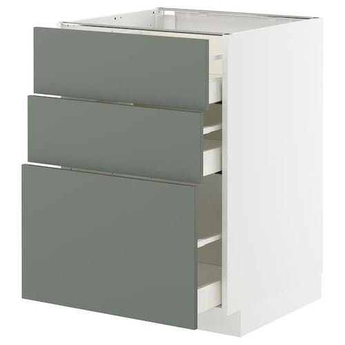 METOD / MAXIMERA base cabinet with 3 drawers, white/Nickebo matt grey-green, 60x60 cm
