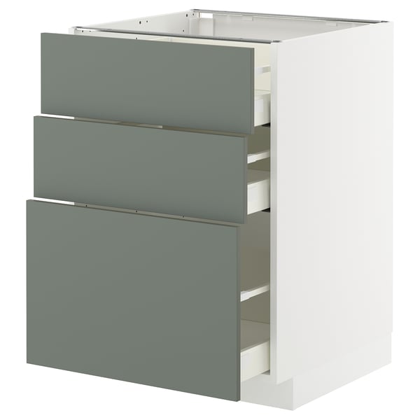 METOD / MAXIMERA - METOD / MAXIMERA Base cabinet with 3 drawers, white/Nickebo matt grey-green, 60x60 cm