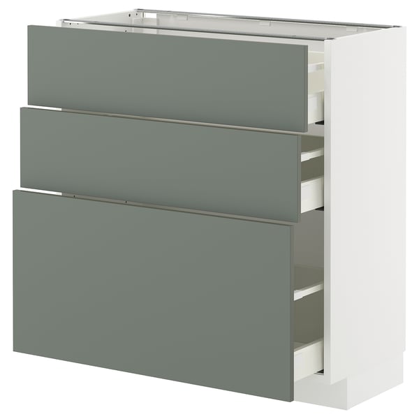 METOD / MAXIMERA base cabinet with 3 drawers, white/Nickebo matt grey-green, 80x37 cm