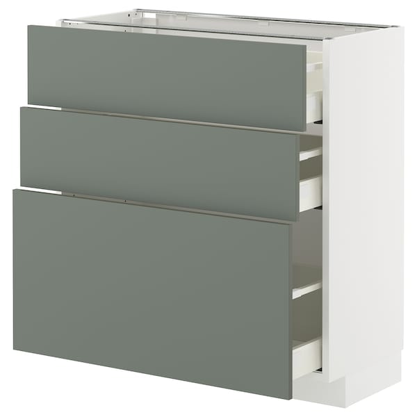 METOD / MAXIMERA - METOD / MAXIMERA Base cabinet with 3 drawers, white/Nickebo matt grey-green, 80x37 cm