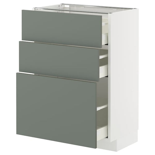 METOD / MAXIMERA base cabinet with 3 drawers, white/Nickebo matt grey-green, 60x37 cm