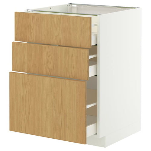 METOD / MAXIMERA base cabinet with 3 drawers, white/Sinarp oak veneer, 60x60 cm