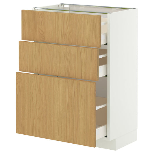 METOD / MAXIMERA base cabinet with 3 drawers, white/Sinarp oak veneer, 60x37 cm
