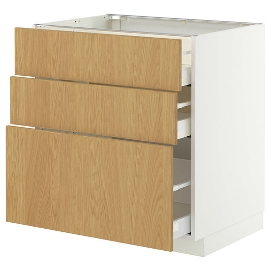 METOD / MAXIMERA base cabinet with 3 drawers, white/Sinarp oak veneer, 80x60 cm