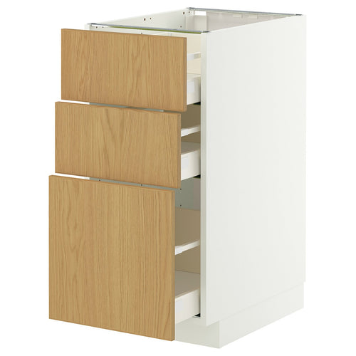METOD / MAXIMERA base cabinet with 3 drawers, white/Sinarp oak veneer, 40x60 cm