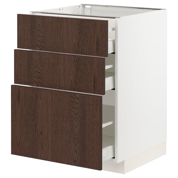 METOD / MAXIMERA - METOD / MAXIMERA Base cabinet with 3 drawers, white/Sinarp brown, 60x60 cm
