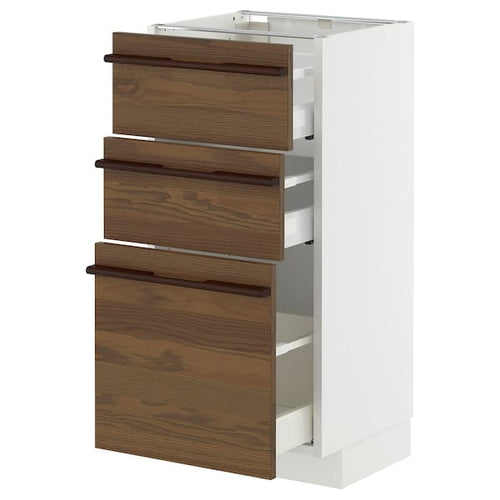 METOD / MAXIMERA base cabinet with 3 drawers, white/Stensta dark brown ash veneer, 40x37 cm