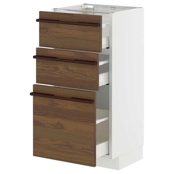 METOD / MAXIMERA - METOD / MAXIMERA Base cabinet with 3 drawers, white/Stensta dark brown ash veneer, 40x37 cm