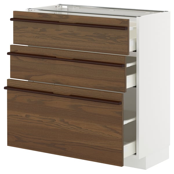 METOD / MAXIMERA - METOD / MAXIMERA Base cabinet with 3 drawers, white/Stensta dark brown ash veneer, 80x37 cm