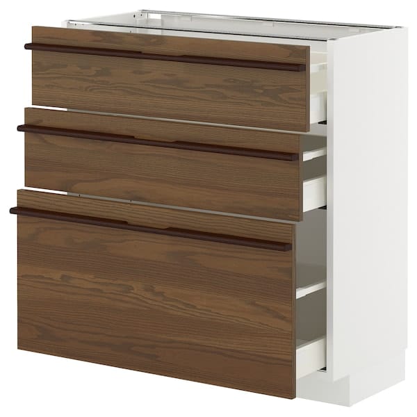 METOD / MAXIMERA - METOD / MAXIMERA Base cabinet with 3 drawers, white/Stensta dark brown ash veneer, 80x37 cm