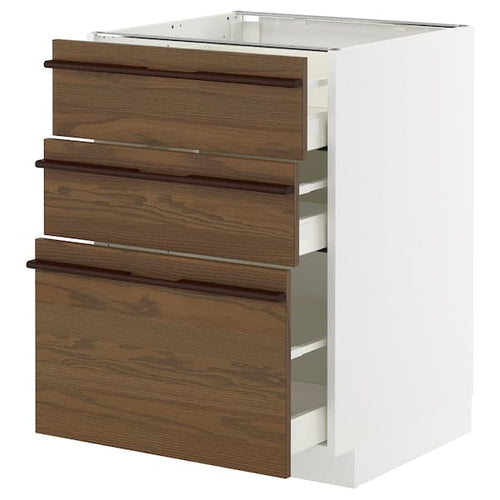 METOD / MAXIMERA base cabinet with 3 drawers, white/Stensta dark brown ash veneer, 60x60 cm