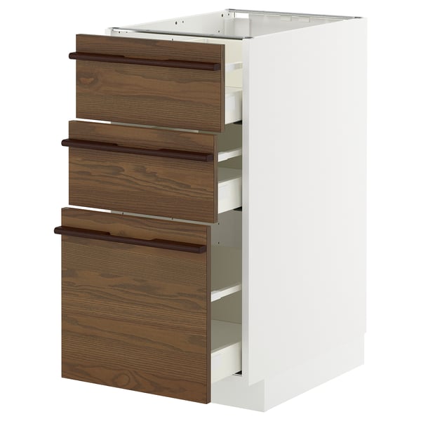 METOD / MAXIMERA base cabinet with 3 drawers, white/Stensta dark brown ash veneer, 40x60 cm