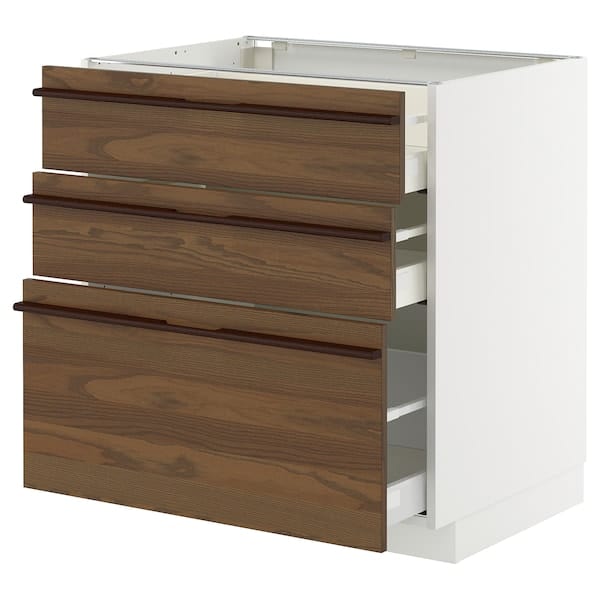 METOD / MAXIMERA - METOD / MAXIMERA Base cabinet with 3 drawers, white/Stensta dark brown ash veneer, 80x60 cm