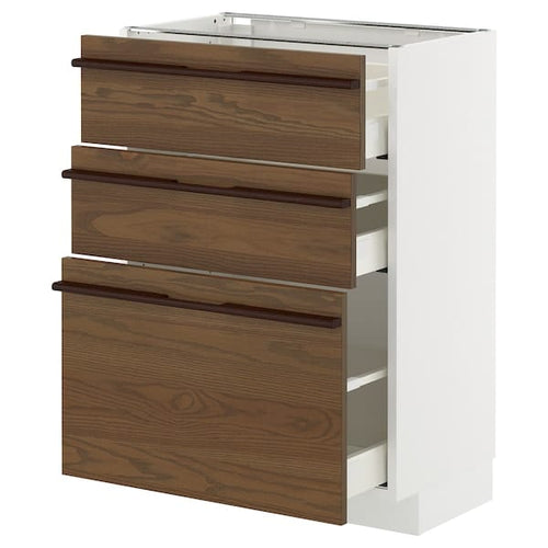 METOD / MAXIMERA base cabinet with 3 drawers, white/Stensta dark brown ash veneer, 60x37 cm