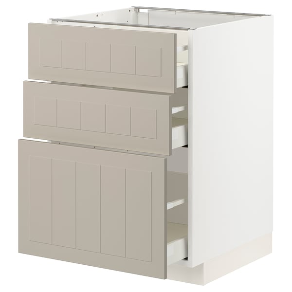 METOD / MAXIMERA - METOD / MAXIMERA Base cabinet with 3 drawers, white/Stensund beige, 60x60 cm