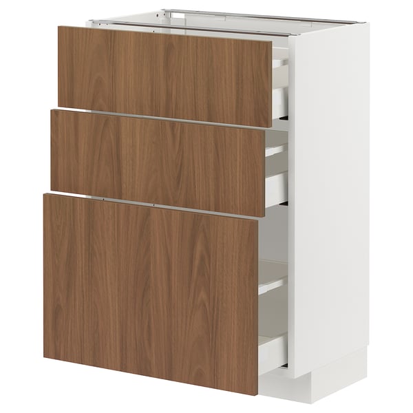 METOD / MAXIMERA - METOD / MAXIMERA Base cabinet with 3 drawers, white/Tistorp brown walnut effect, 60x37 cm