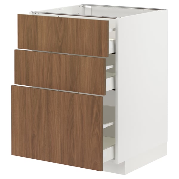 METOD / MAXIMERA base cabinet with 3 drawers, white/Tistorp brown walnut effect, 60x60 cm
