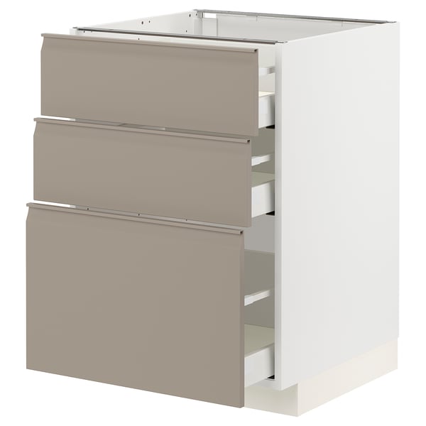 METOD / MAXIMERA base cabinet with 3 drawers, white/Upplöv matt dark beige, 60x60 cm