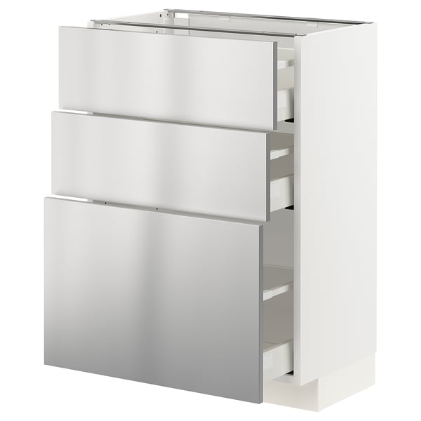 METOD / MAXIMERA - METOD / MAXIMERA Base cabinet with 3 drawers, white/Vårsta stainless steel, 60x37 cm