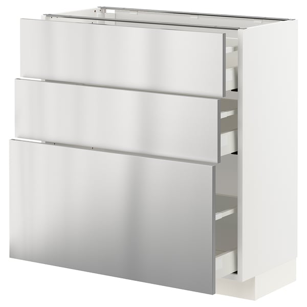METOD / MAXIMERA - METOD / MAXIMERA Base cabinet with 3 drawers, white/Vårsta stainless steel, 80x37 cm