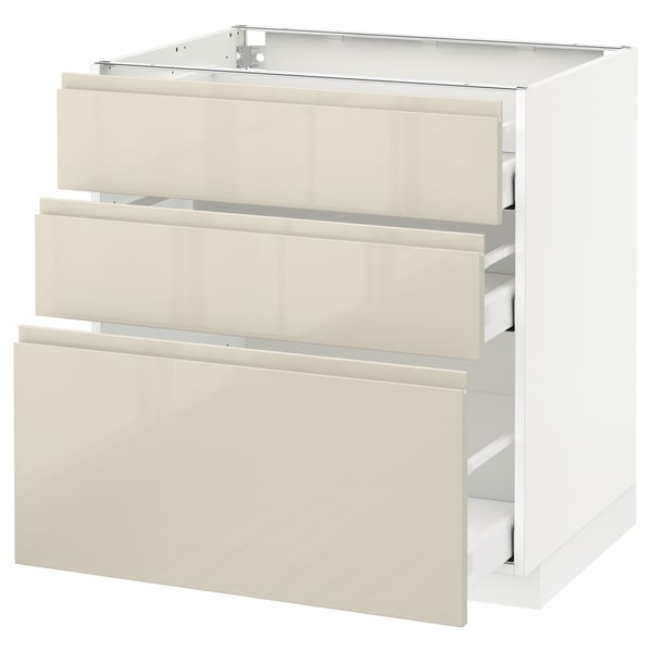 METOD / MAXIMERA base cabinet with 3 drawers, white/Voxtorp high-gloss light beige
