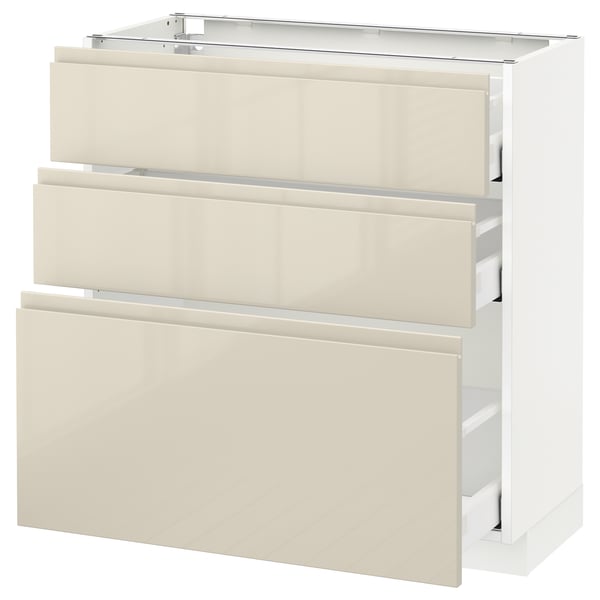 METOD / MAXIMERA base cabinet with 3 drawers, white/Voxtorp high-gloss light beige