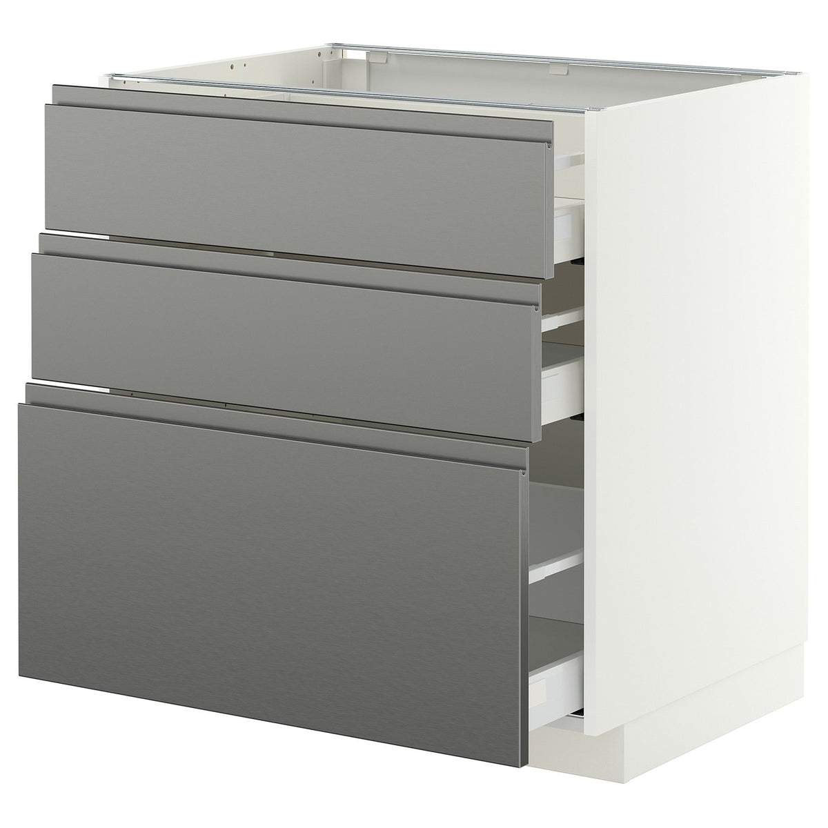 METOD / MAXIMERA base cabinet with 3 drawers, white/Voxtorp stainless steel effect, 80x60 cm