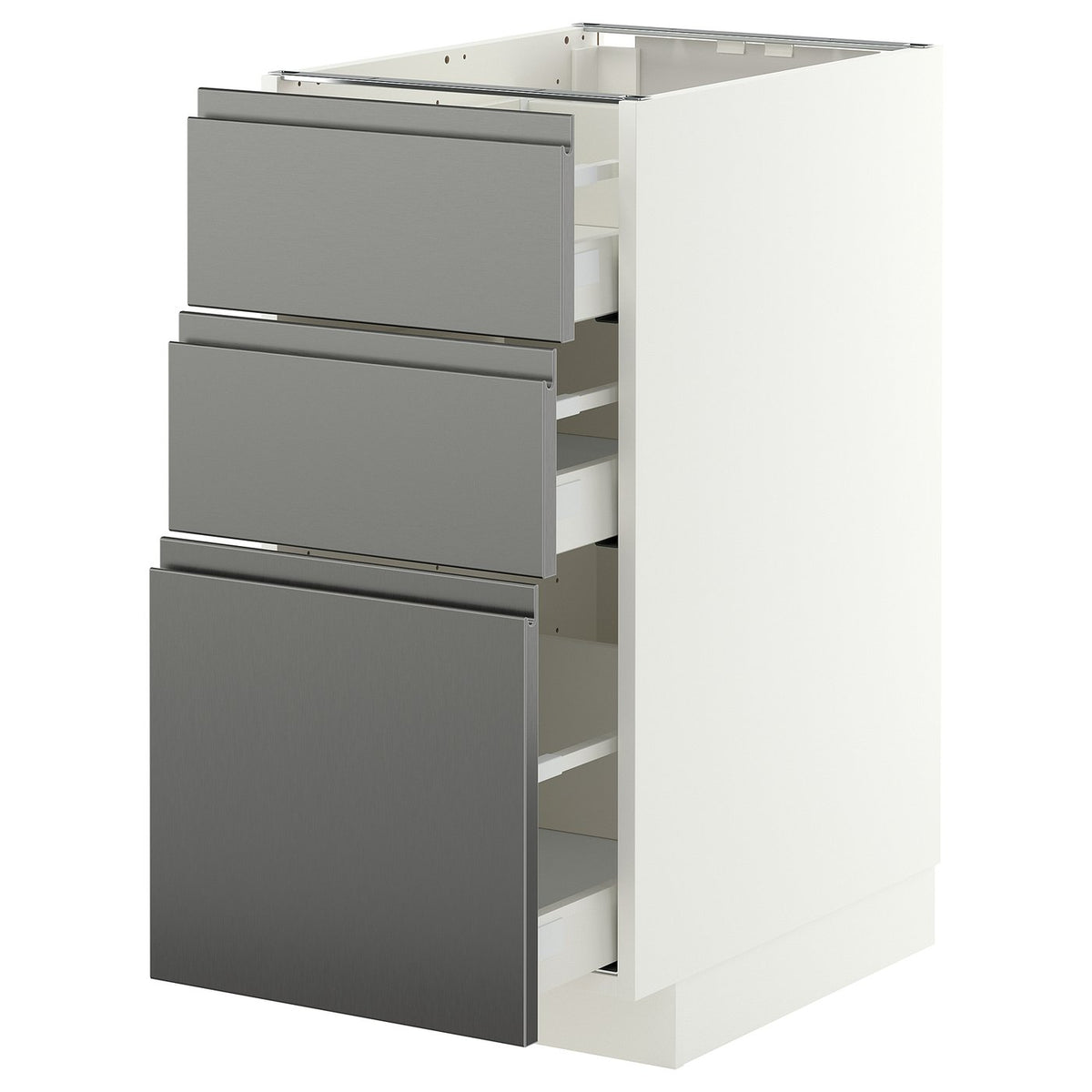 METOD / MAXIMERA base cabinet with 3 drawers, white/Voxtorp stainless steel effect, 40x60 cm