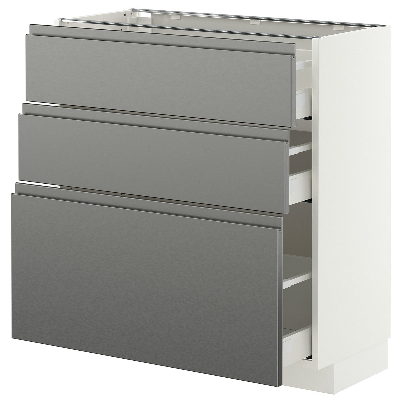 METOD / MAXIMERA base cabinet with 3 drawers, white/Voxtorp stainless steel effect, 80x37 cm