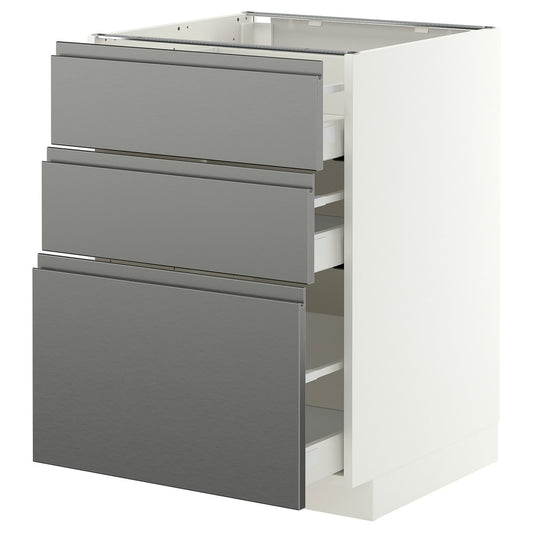 METOD / MAXIMERA base cabinet with 3 drawers, white/Voxtorp stainless steel effect, 60x60 cm