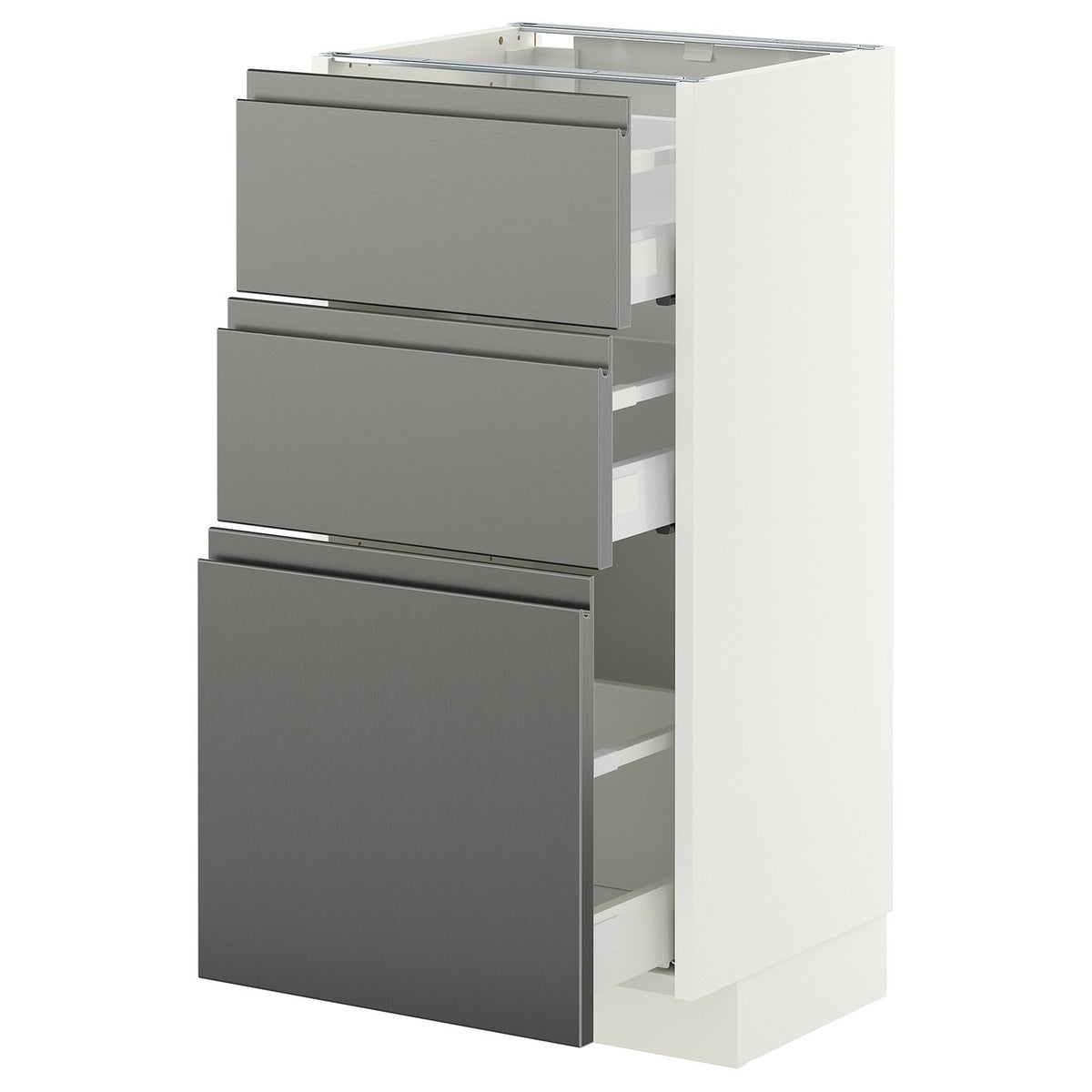 METOD / MAXIMERA base cabinet with 3 drawers, white/Voxtorp stainless steel effect, 40x37 cm