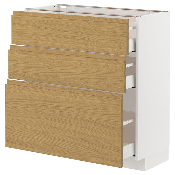 METOD / MAXIMERA - Base cabinet with 3 drawers, white/Voxtorp oak effect, 80x37 cm