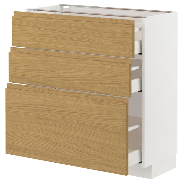 METOD / MAXIMERA - METOD / MAXIMERA Base cabinet with 3 drawers, white/Voxtorp oak effect, 80x37 cm