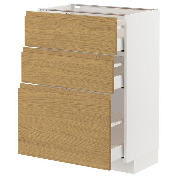METOD / MAXIMERA - Base unit with 3 drawers, white/Voxtorp oak effect,60x37 cm