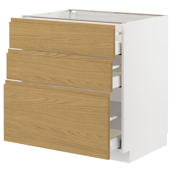 METOD / MAXIMERA - Base cabinet with 3 drawers, white/Voxtorp oak effect, 80x60 cm