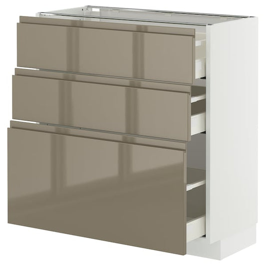 METOD / MAXIMERA - Base cabinet with 3 drawers, white/Voxtorp high-gloss dark grey-brown, 80x37 cm