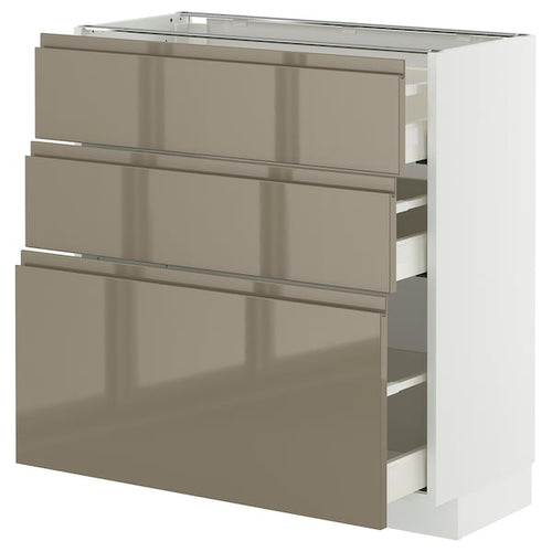 METOD / MAXIMERA base cabinet with 3 drawers, white/Voxtorp high-gloss dark grey-brown, 80x37 cm