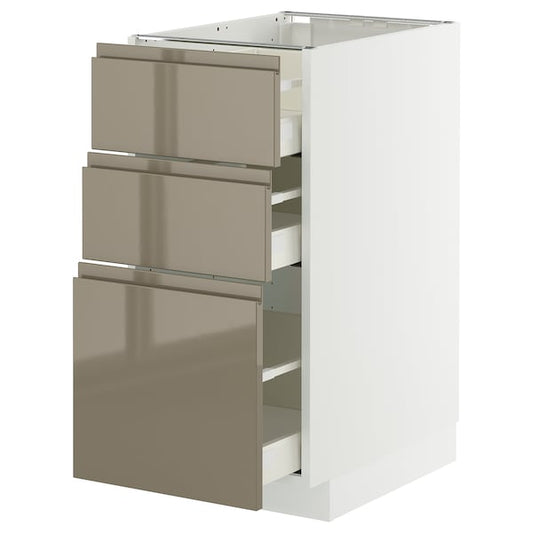 METOD / MAXIMERA - Base cabinet with 3 drawers, white/Voxtorp high-gloss dark grey-brown, 40x60 cm