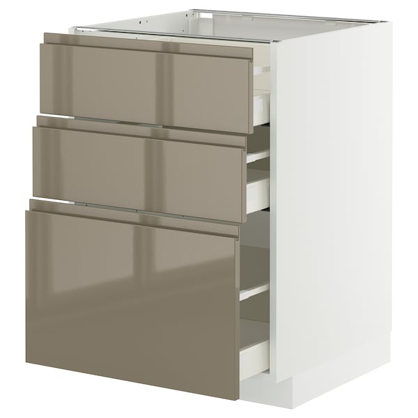 METOD / MAXIMERA - Base cabinet with 3 drawers, white/Voxtorp high-gloss dark grey-brown, 60x60 cm