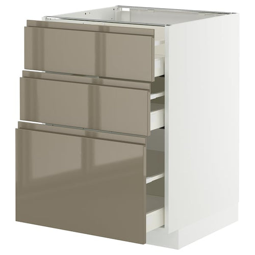 METOD / MAXIMERA base cabinet with 3 drawers, white/Voxtorp high-gloss dark grey-brown, 60x60 cm