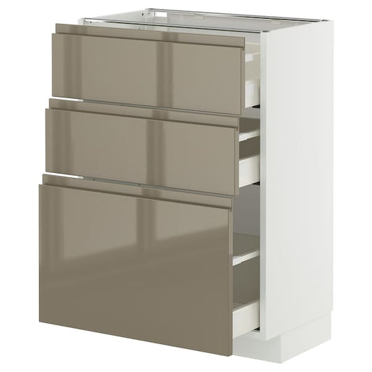 METOD / MAXIMERA - Base cabinet with 3 drawers, white/Voxtorp high-gloss dark grey-brown, 60x37 cm