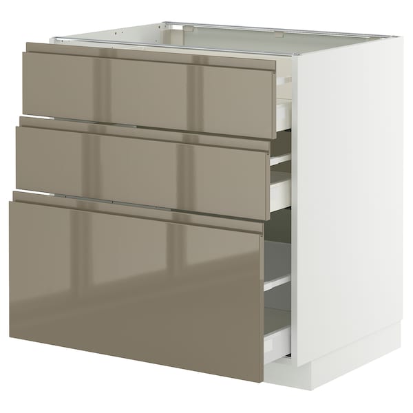 METOD / MAXIMERA - Base cabinet with 3 drawers, white/Voxtorp high-gloss dark grey-brown, 80x60 cm