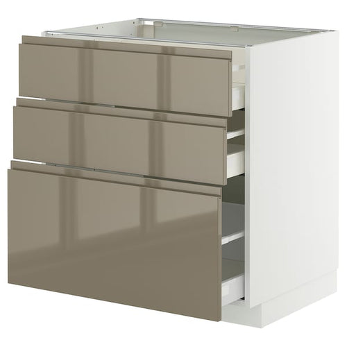 METOD / MAXIMERA base cabinet with 3 drawers, white/Voxtorp high-gloss dark grey-brown, 80x60 cm