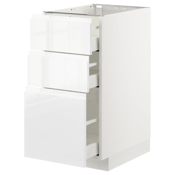 METOD / MAXIMERA base cabinet with 3 drawers, white/Voxtorp high-gloss/white, 40x60 cm