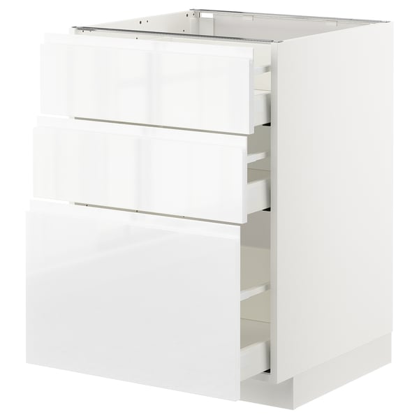 METOD / MAXIMERA base cabinet with 3 drawers, white/Voxtorp high-gloss/white, 60x60 cm